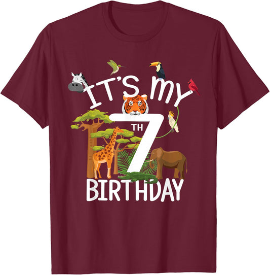 It's My 7th Birthday Boy Zoo Theme 7 Years Old Animal Party T-Shirt - T-Shirt | Maroon