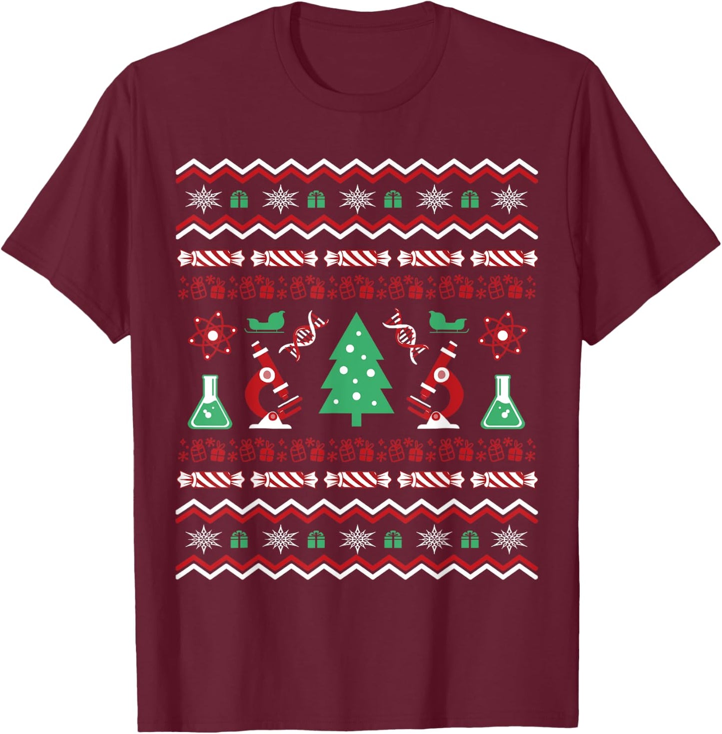 Science Laboratory Ugly Christmas Sweater - DNA Microbiology T-Shirt - T-Shirt | Maroon