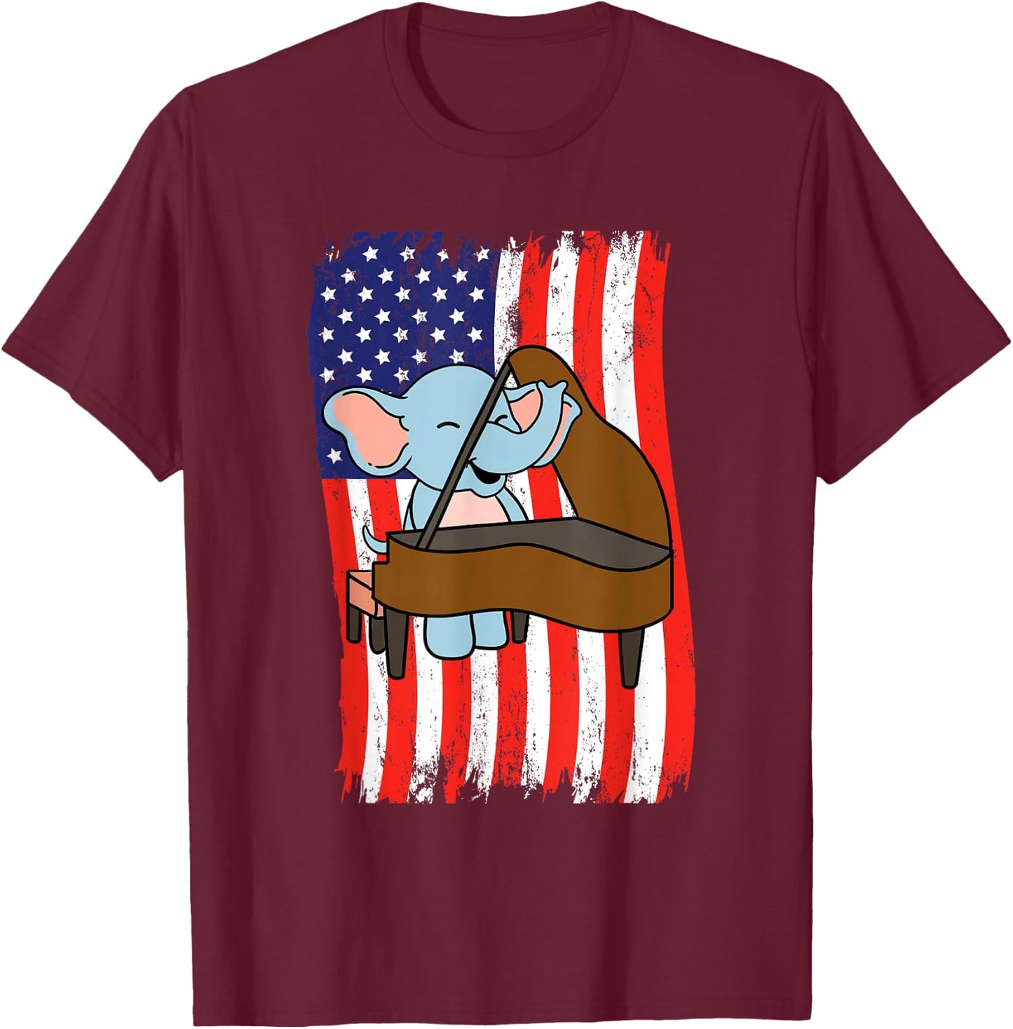 American Flag Elephant Playing Piano T-Shirt - T-Shirt | Maroon