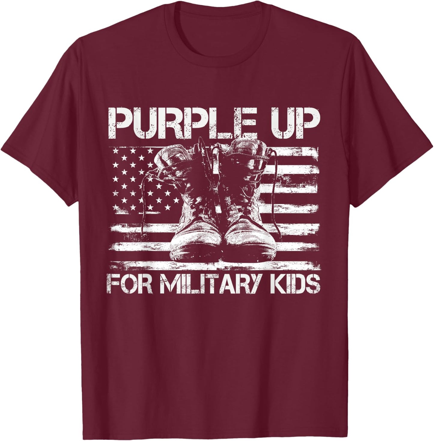 Purple up for Military Kids USA American Flag Military Boots T-Shirt - T-Shirt | Maroon