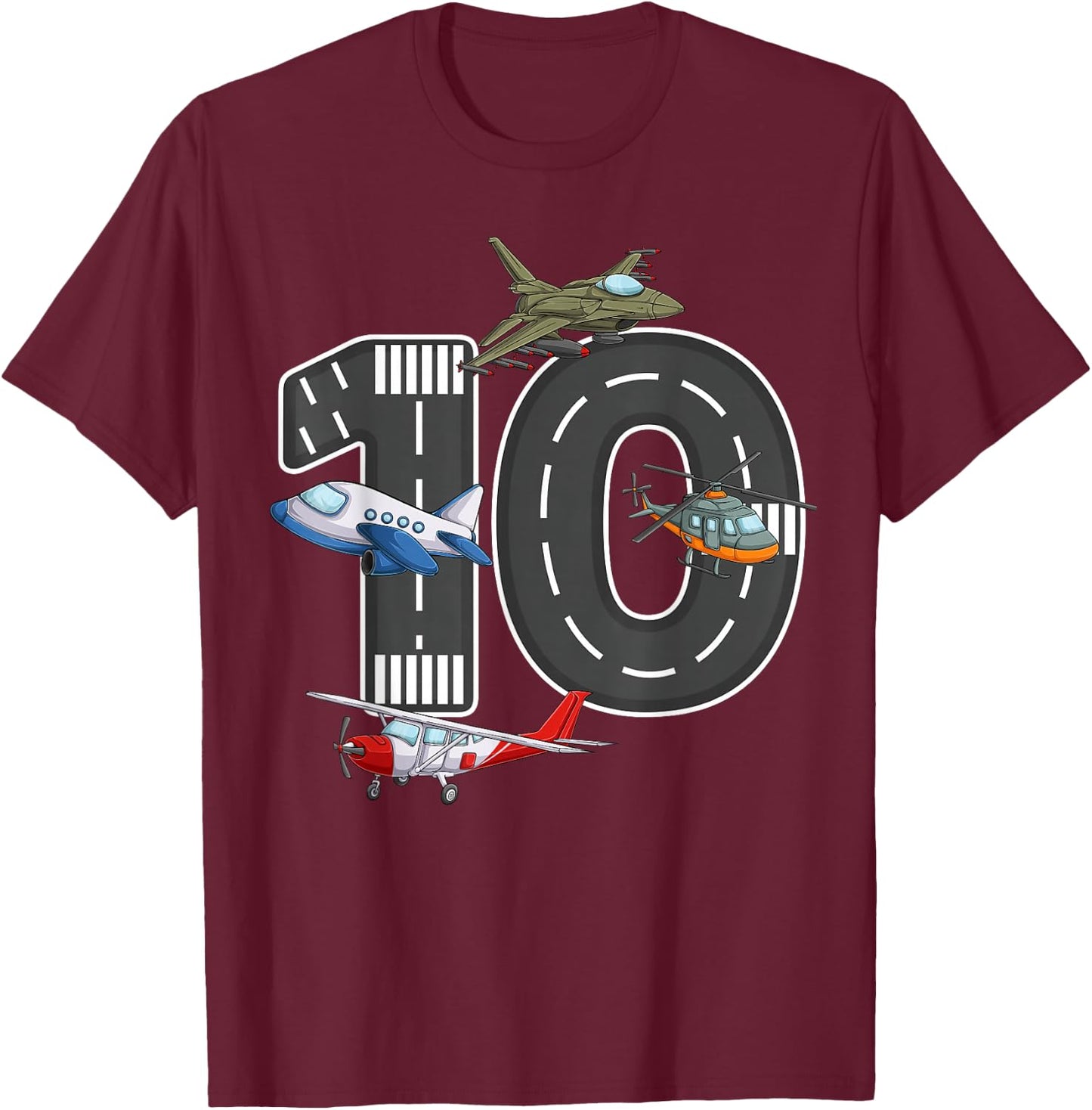 Little Pilot 10th Birthday Party 10 Ten Year Old Airplane T-Shirt - T-Shirt | Maroon