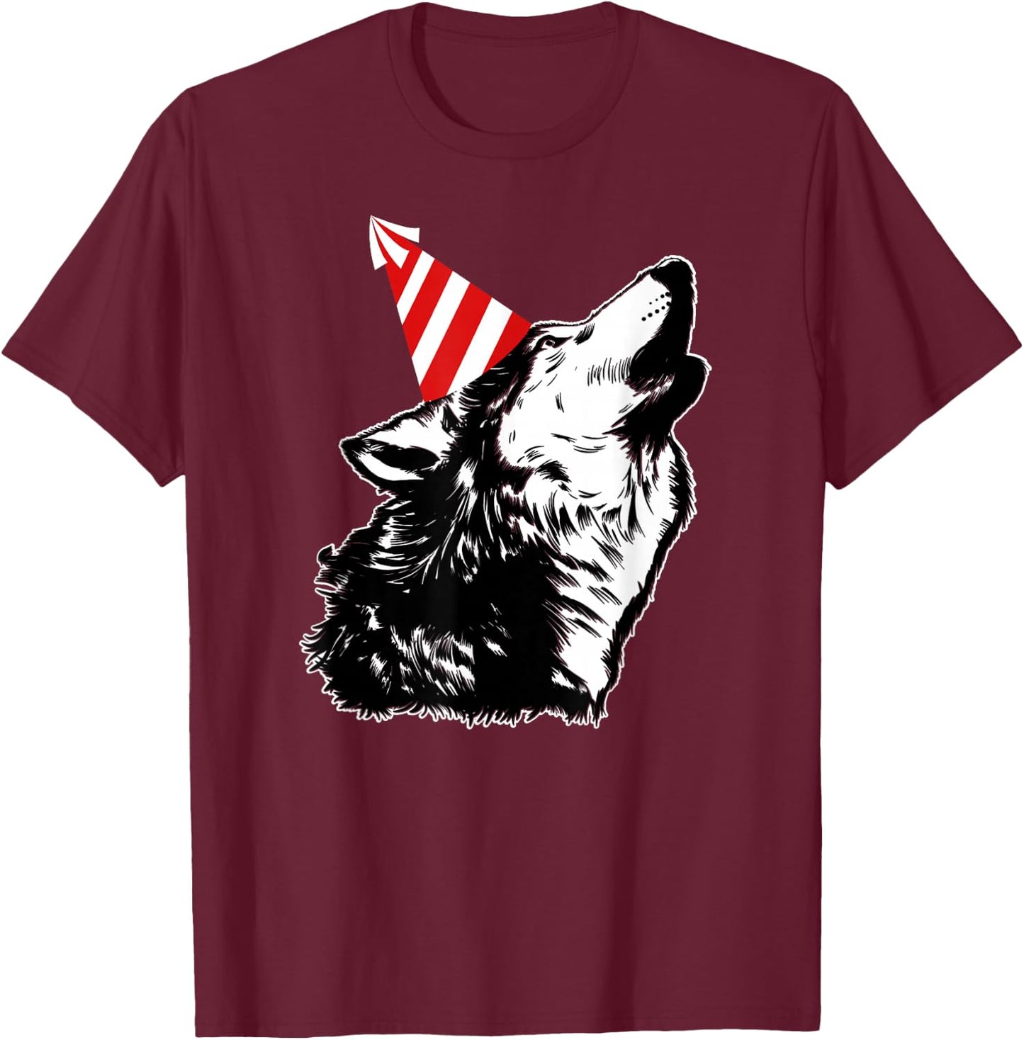 Wolf At A Party | Cute Wolf with a Birthday Hat T-Shirt - T-Shirt | Maroon