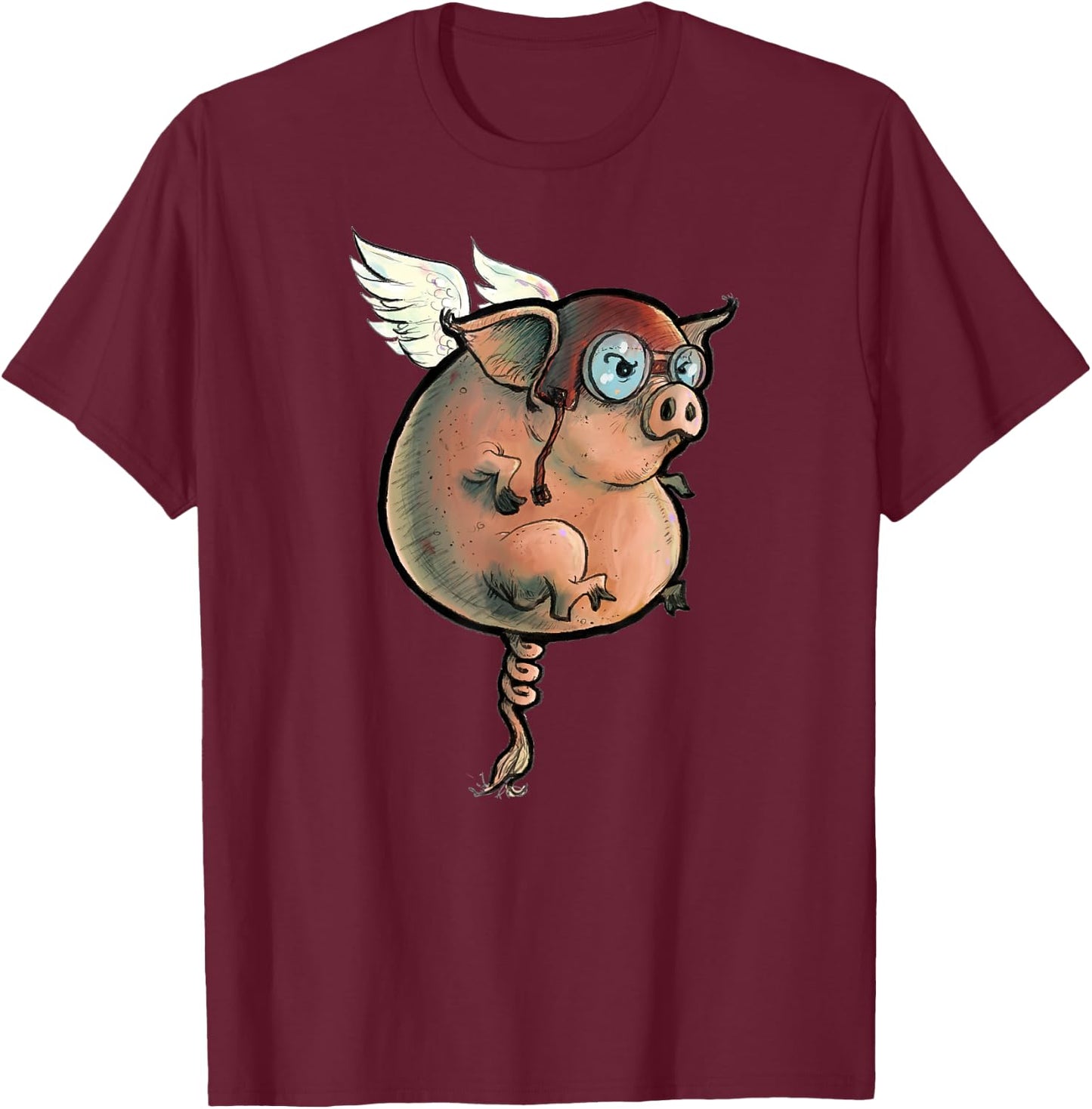Flying Pig. Quirky, hand-drawn and painted art. T-Shirt - T-Shirt | Maroon