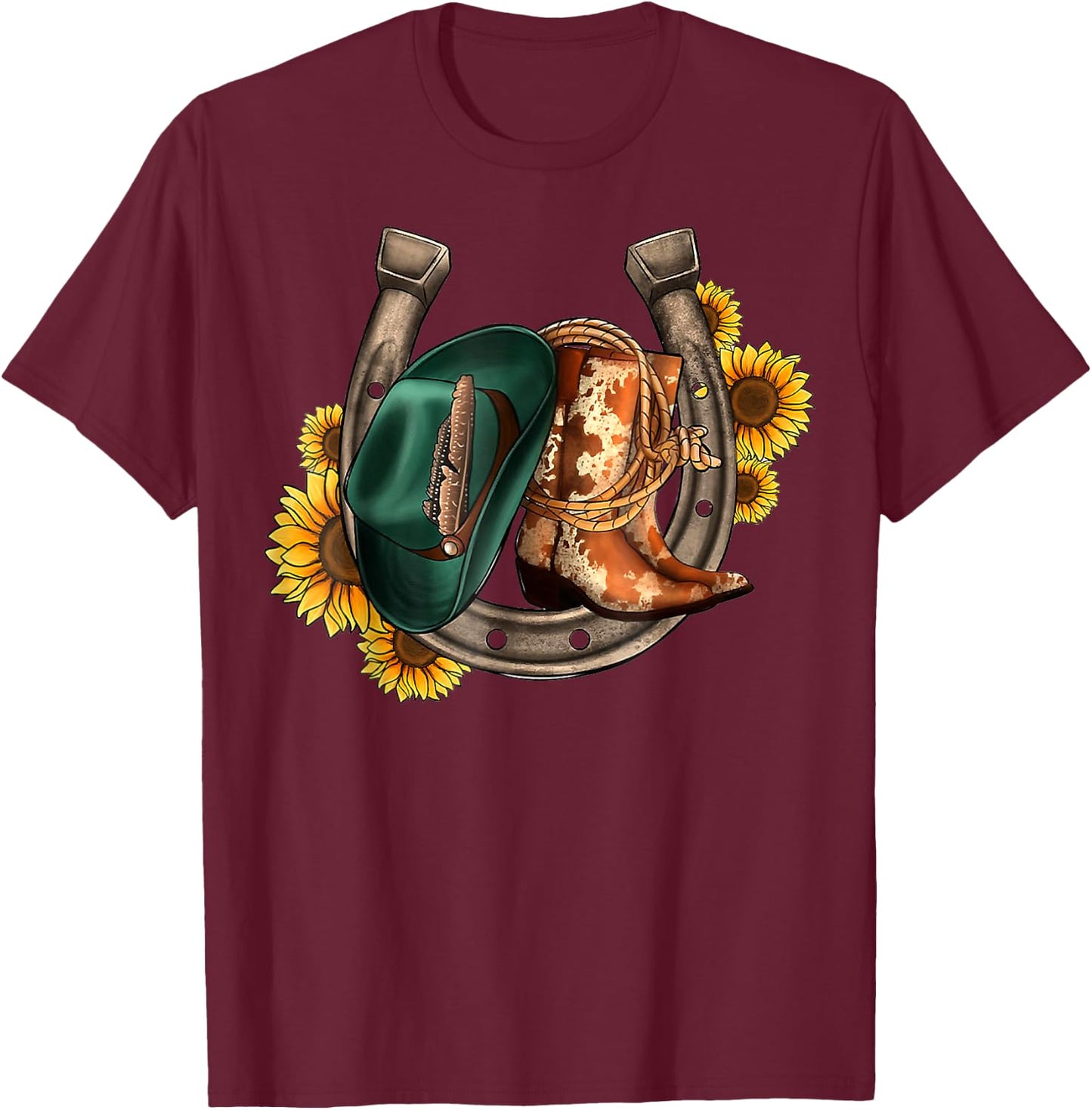 Cowboy Boots Cowboy Hat Horseshoes Sunflower Western Cowhide T-Shirt - T-Shirt | Maroon