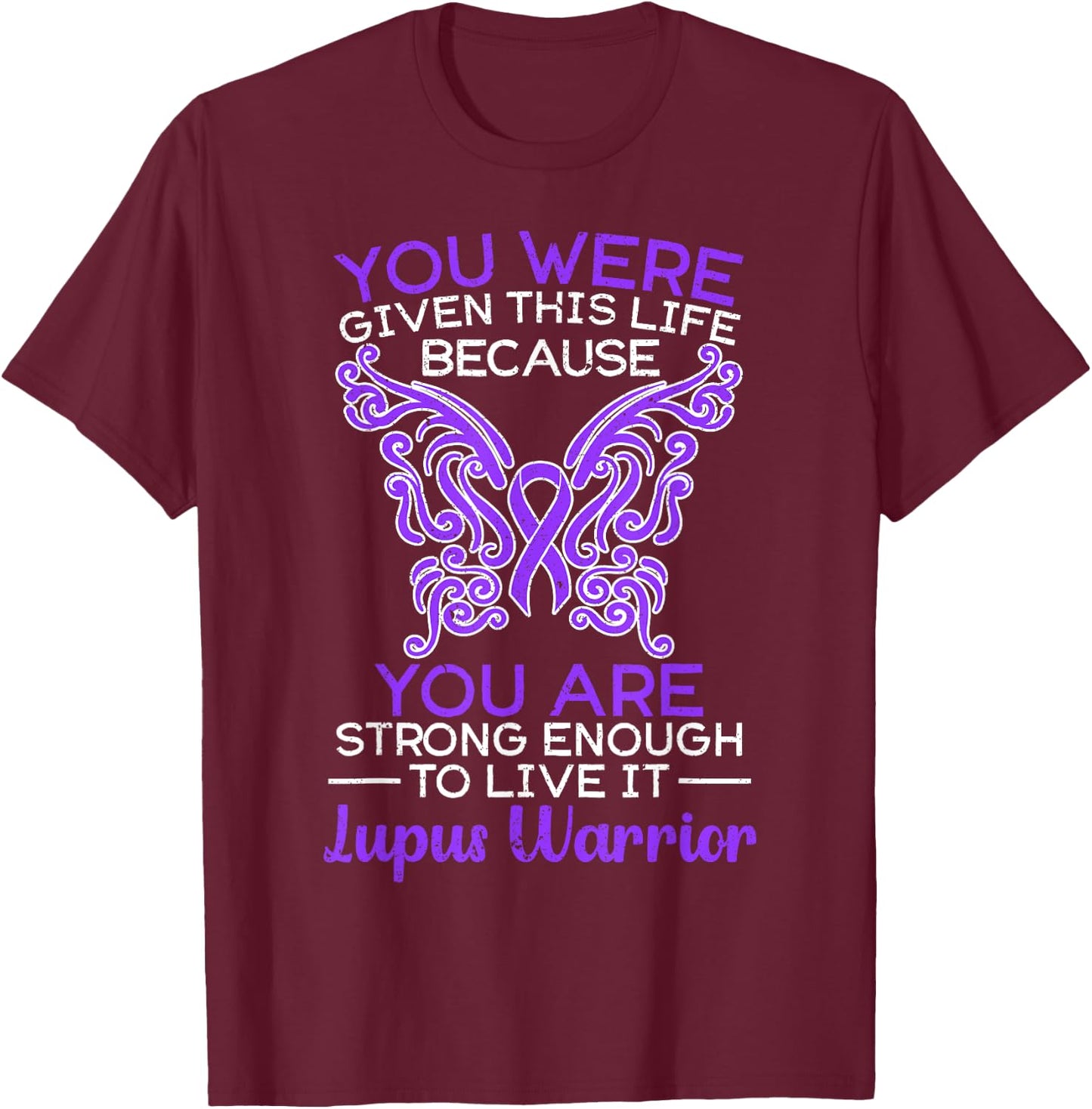 Lupus Warrior Lupus Awareness Butterfly Purple Ribbon SLE T-Shirt - T-Shirt | Maroon