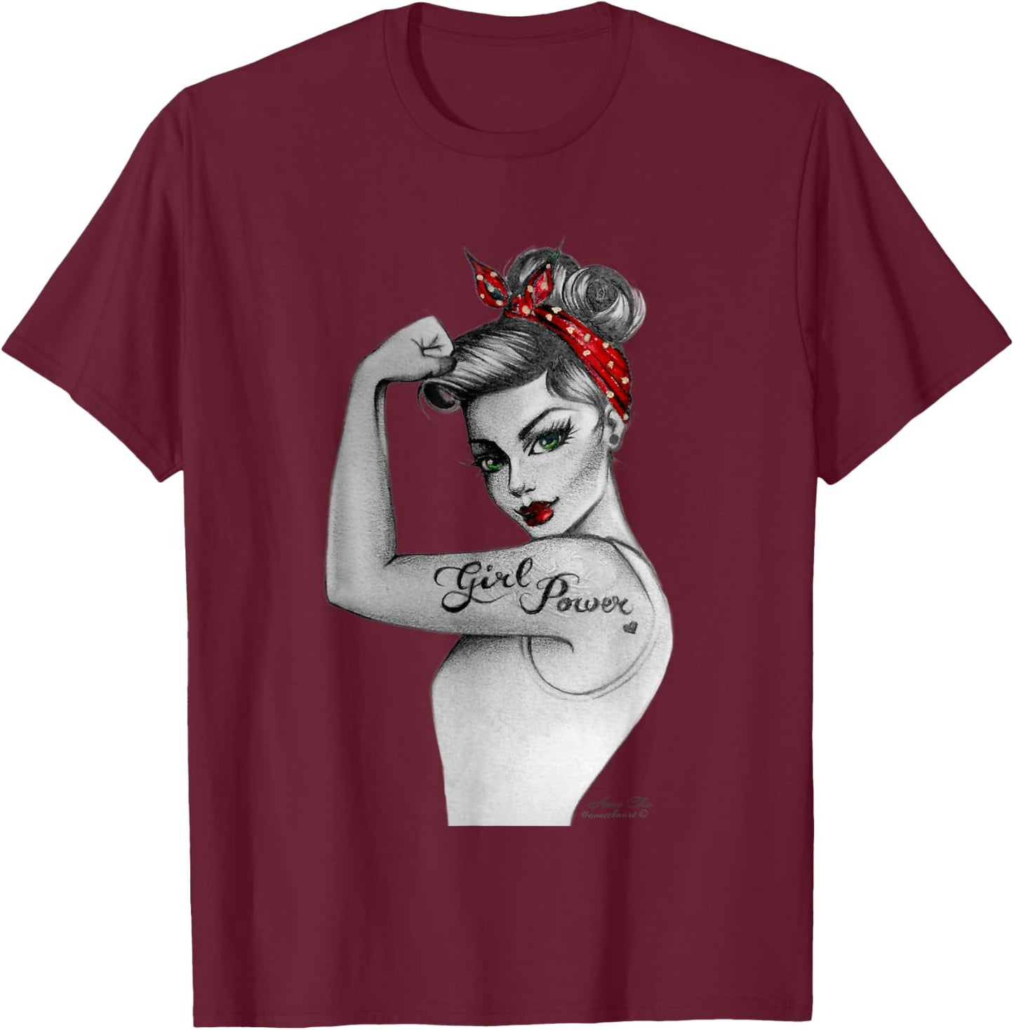 Girl Power Feminist Art Retro Rosie Riveter Style by AnneCha T-Shirt - T-Shirt | Maroon