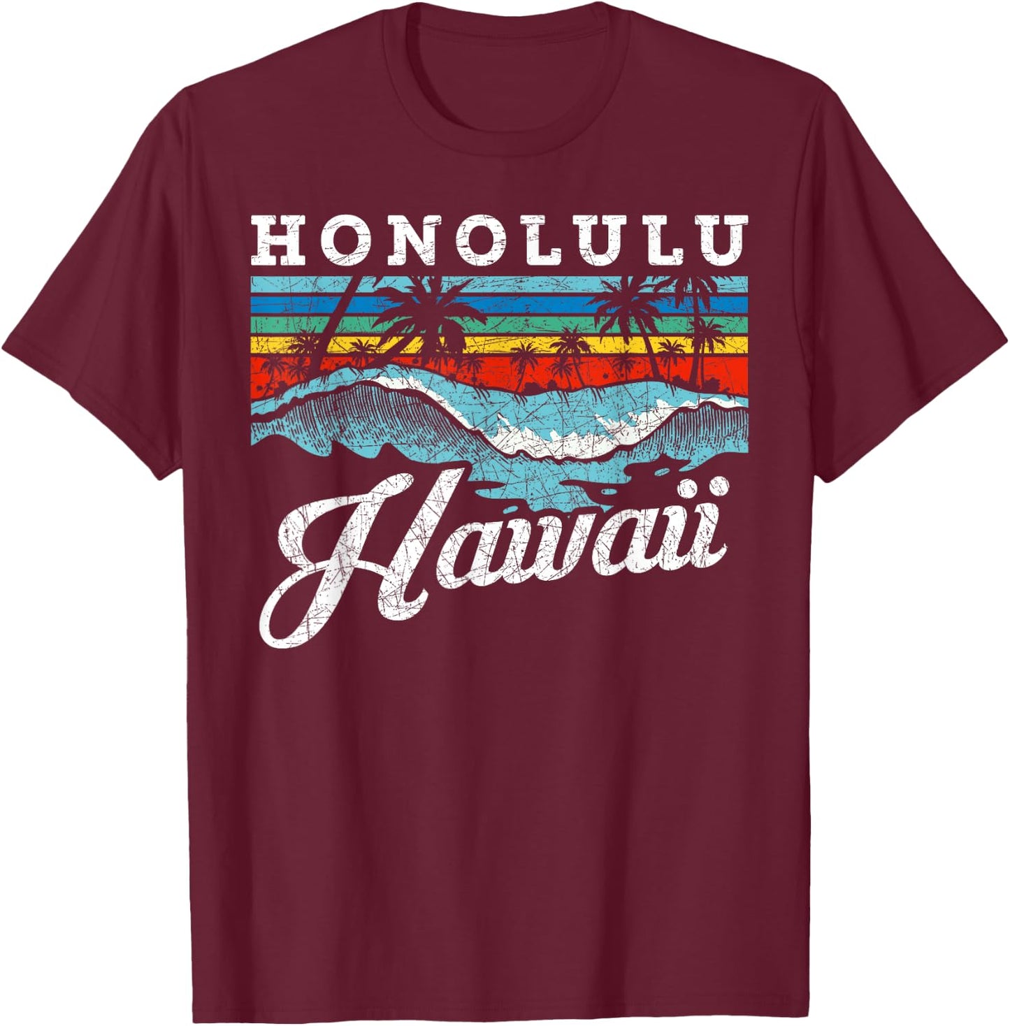 Waves Beach Honolulu Hawaiian Summer Surfing Retro Hawaii T-Shirt - T-Shirt | Maroon