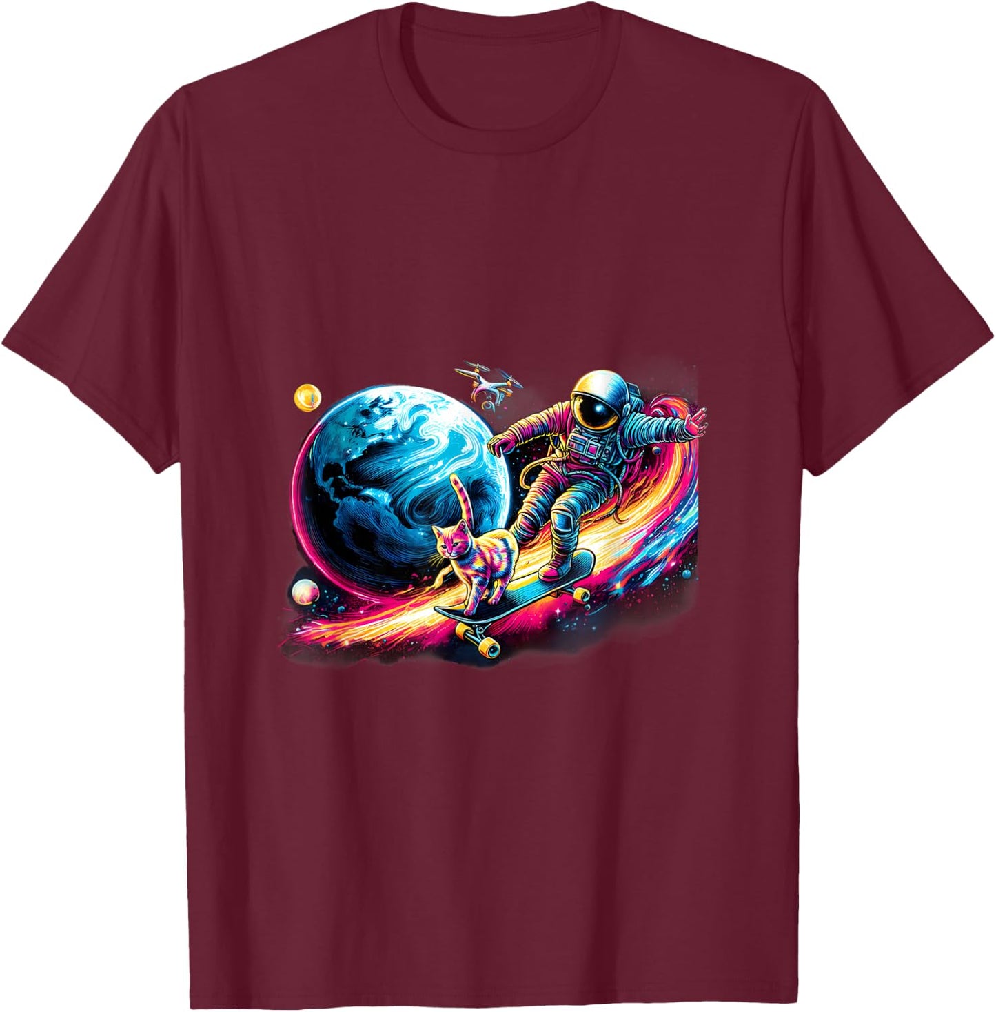 Cat And Astronaut Skateboarding The Outer Space T-Shirt - T-Shirt | Maroon