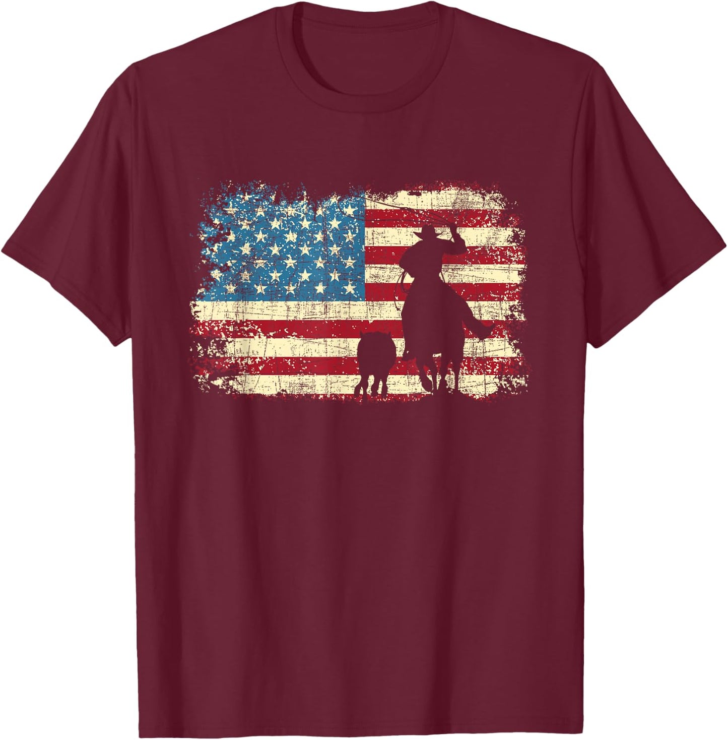 Team Roping - USA Flag Cowboy Cowgirl Rancher Heading Heeler T-Shirt - T-Shirt | Maroon