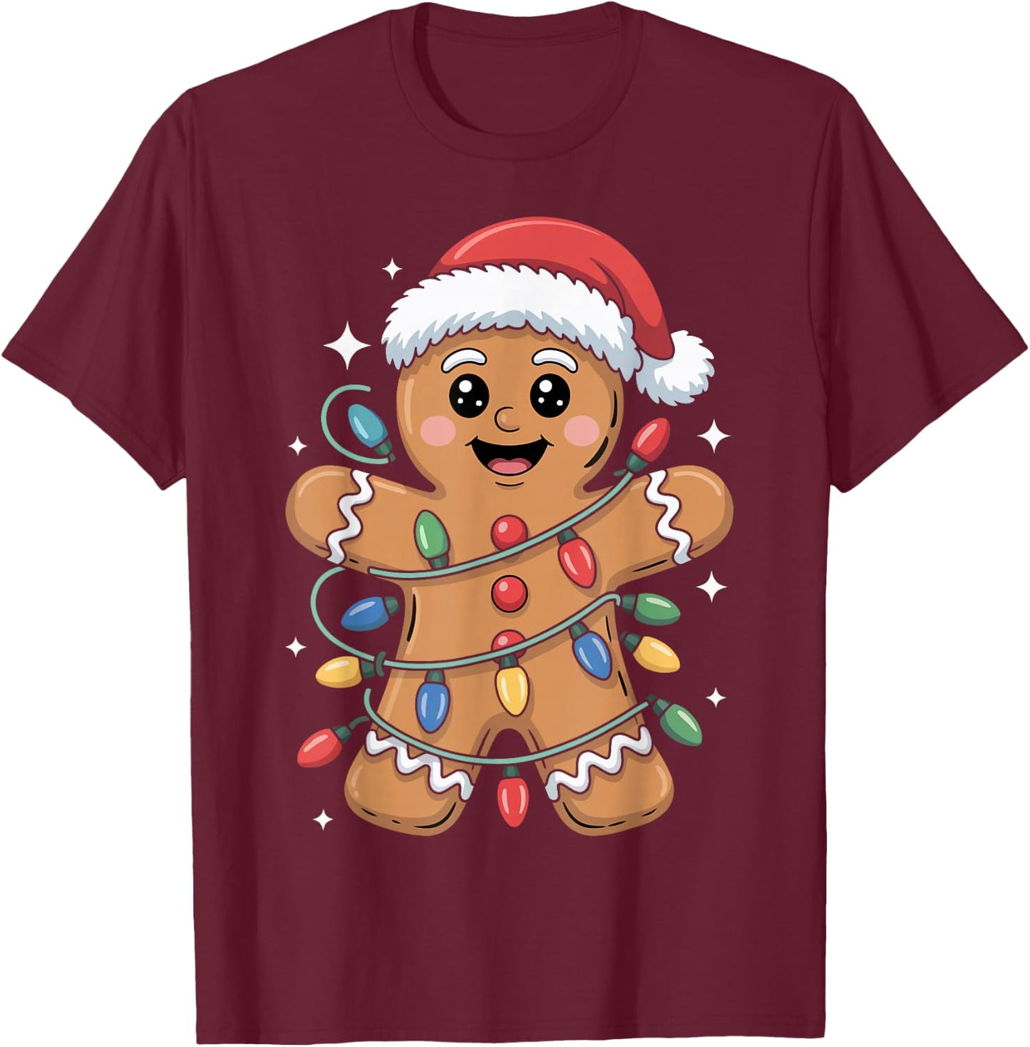 Gingerbread Man Tangled Christmas Lights T-Shirt - T-Shirt | Maroon