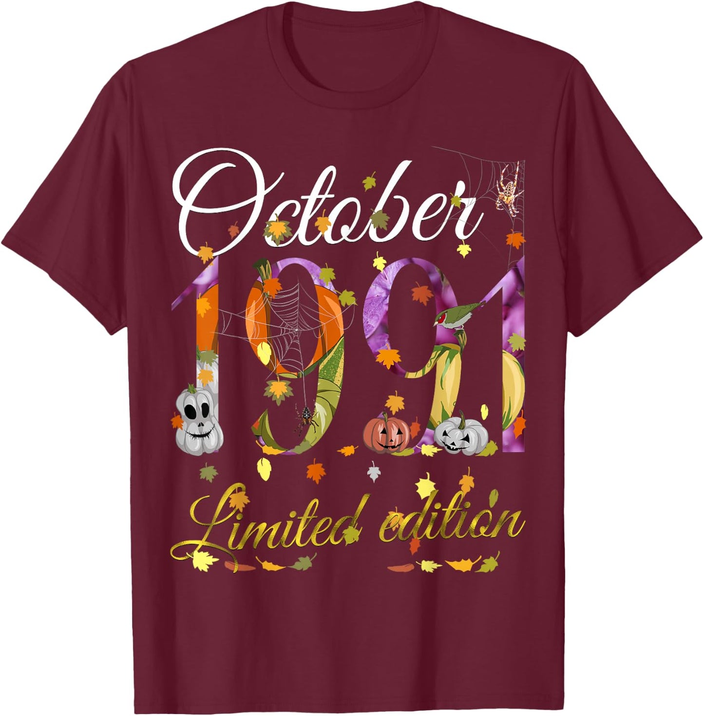 October 1991 34 Year Old Pumpkin Fall 34th Birthday Gift T-Shirt - T-Shirt | Maroon