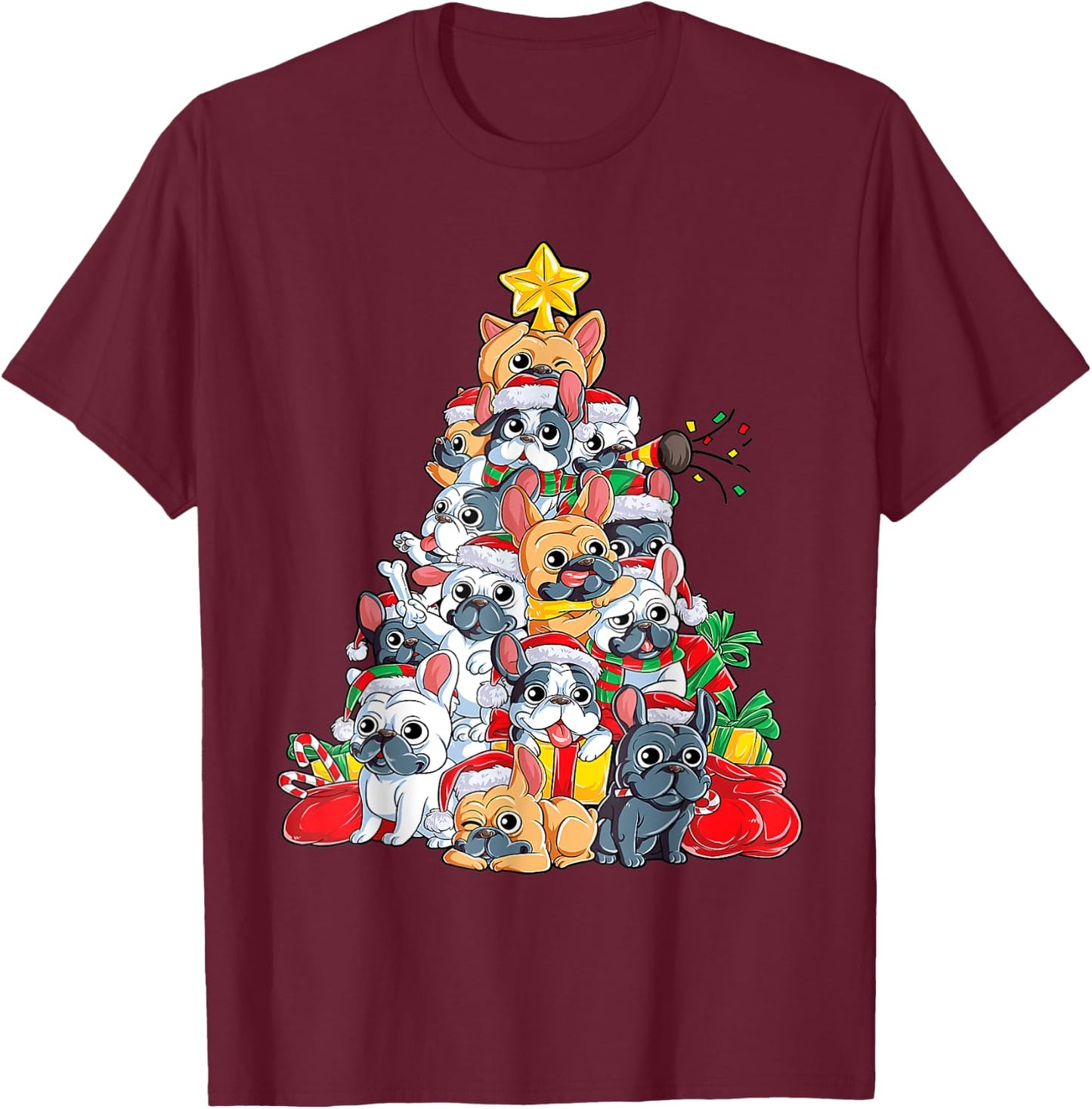 French Bulldog Christmas Tree Dog Santa Hat Xmas Boys Dogmas T-Shirt - T-Shirt | Maroon