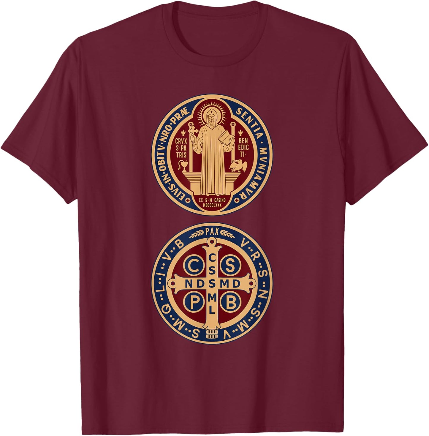 Saint Benedict Sacramental Medal Catholic T-Shirt - T-Shirt | Maroon