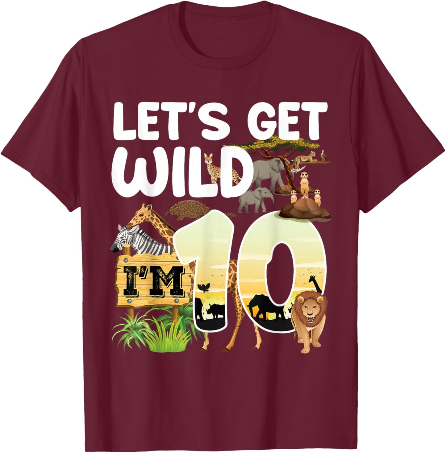 10 Year Old Zoo Birthday Safari Jungle Animal 10th B-day T-Shirt - T-Shirt | Maroon