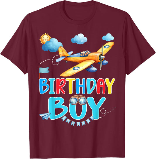 Kids Birthday Boy Flight Crew Squad Airplane Matching Family T-Shirt - T-Shirt | Maroon