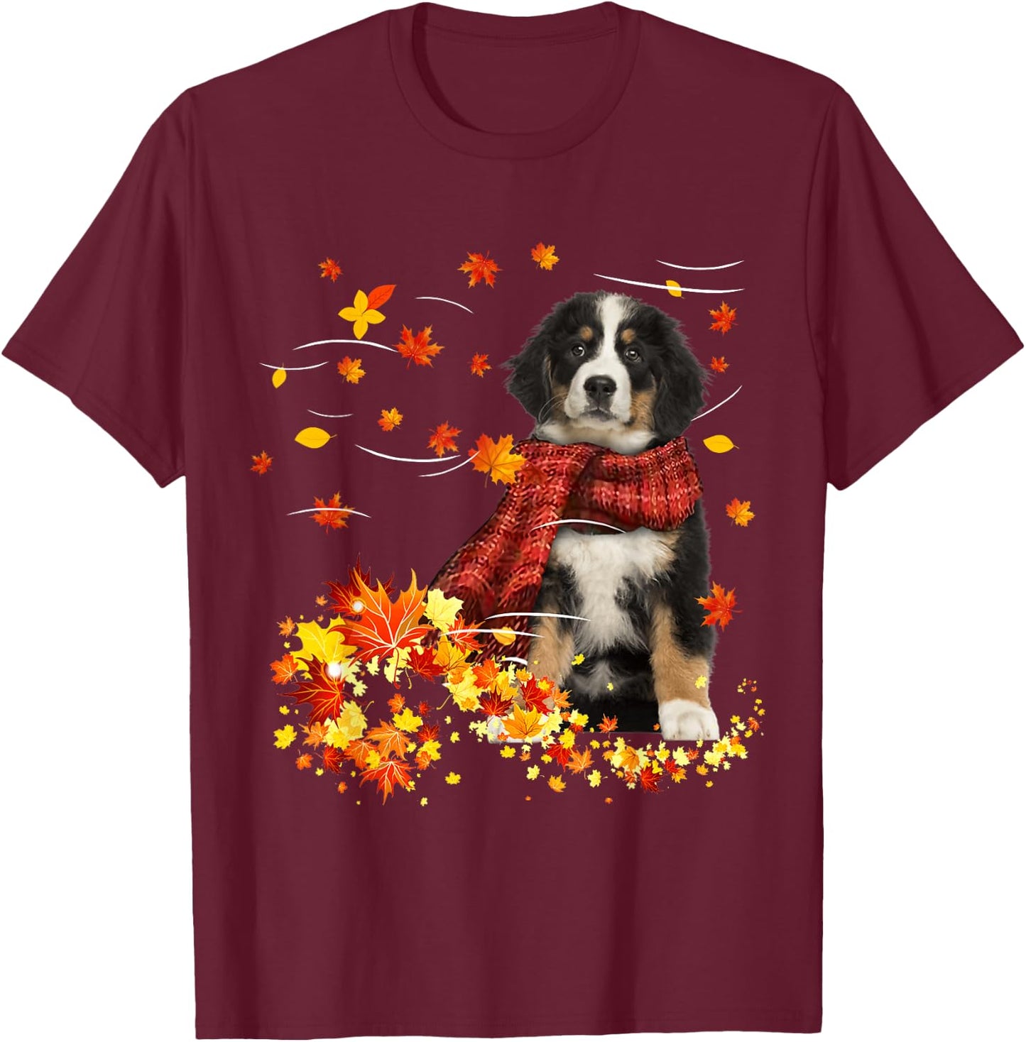 Bernese Mountain Fall Red Scarf Autumn Leaf Gift Dog Lover T-Shirt - T-Shirt | Maroon