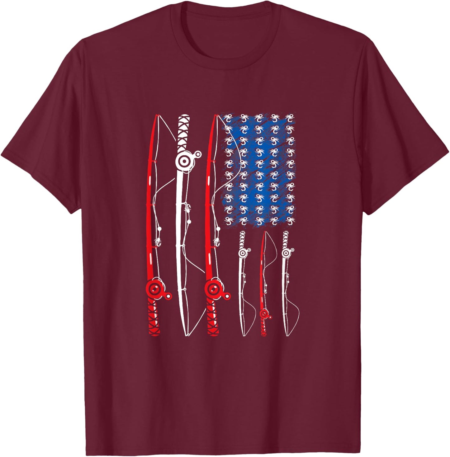 American US Flag Fishing Rod Fisherman Fathers Day T-Shirt - T-Shirt | Maroon