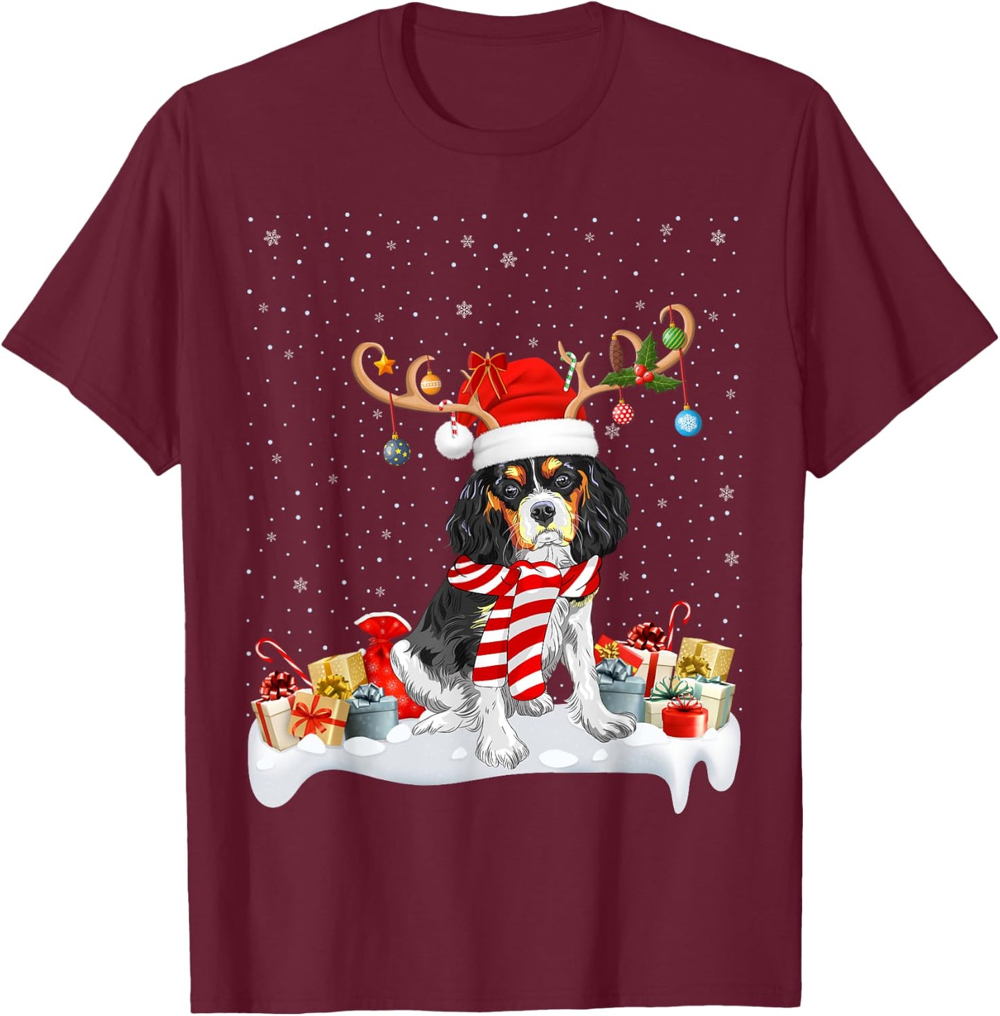 Reindeer Santa Hat Cavalier King Charles Spaniel Christmas T-Shirt - T-Shirt | Maroon