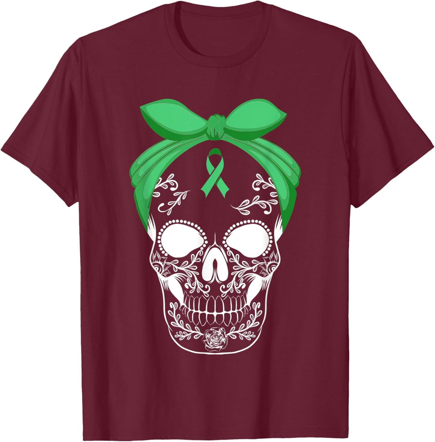 Sugar Skull Green Ribbon Apparel Skeleton Liver Cancer Fight T-Shirt - T-Shirt | Maroon