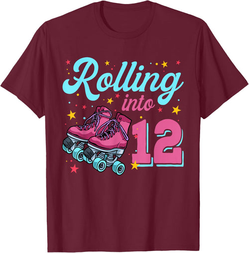 12th Birthday Shirt For Girls, Roller Skates Rolling Into 12