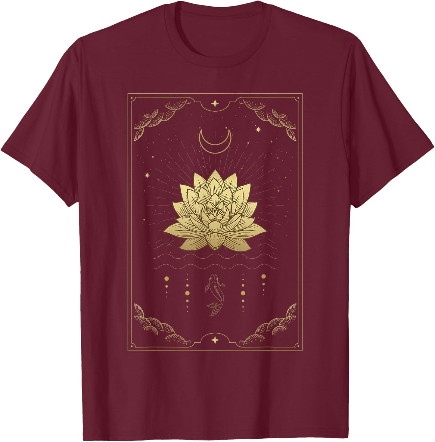 Lotus Flowers Blooming on Water Moon Tarot Card T-Shirt - T-Shirt | Maroon