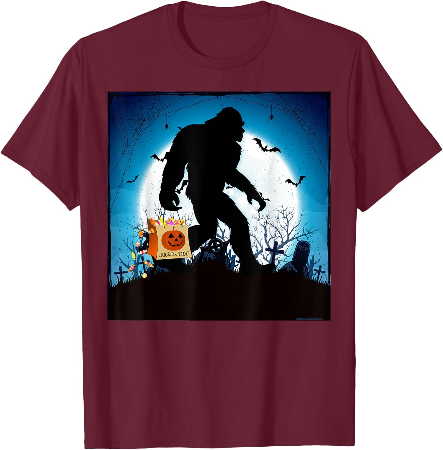 Spooky Halloween Bigfoot Trick or Treating Full Moon Bigfoot T-Shirt - T-Shirt | Maroon
