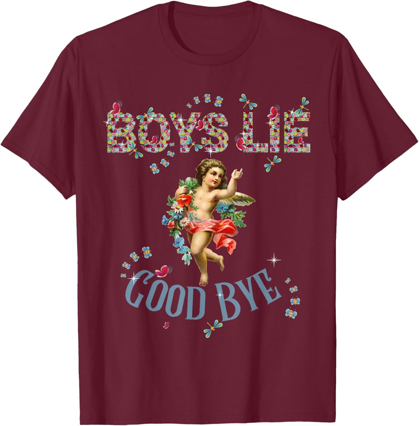 Vintage - Fashion - Girls - Women Boys Lie - Black - Small - Short Sleeve - Classic Fit - Floral Pattern - Vintage Design T-Shirt - T-Shirt | Maroon