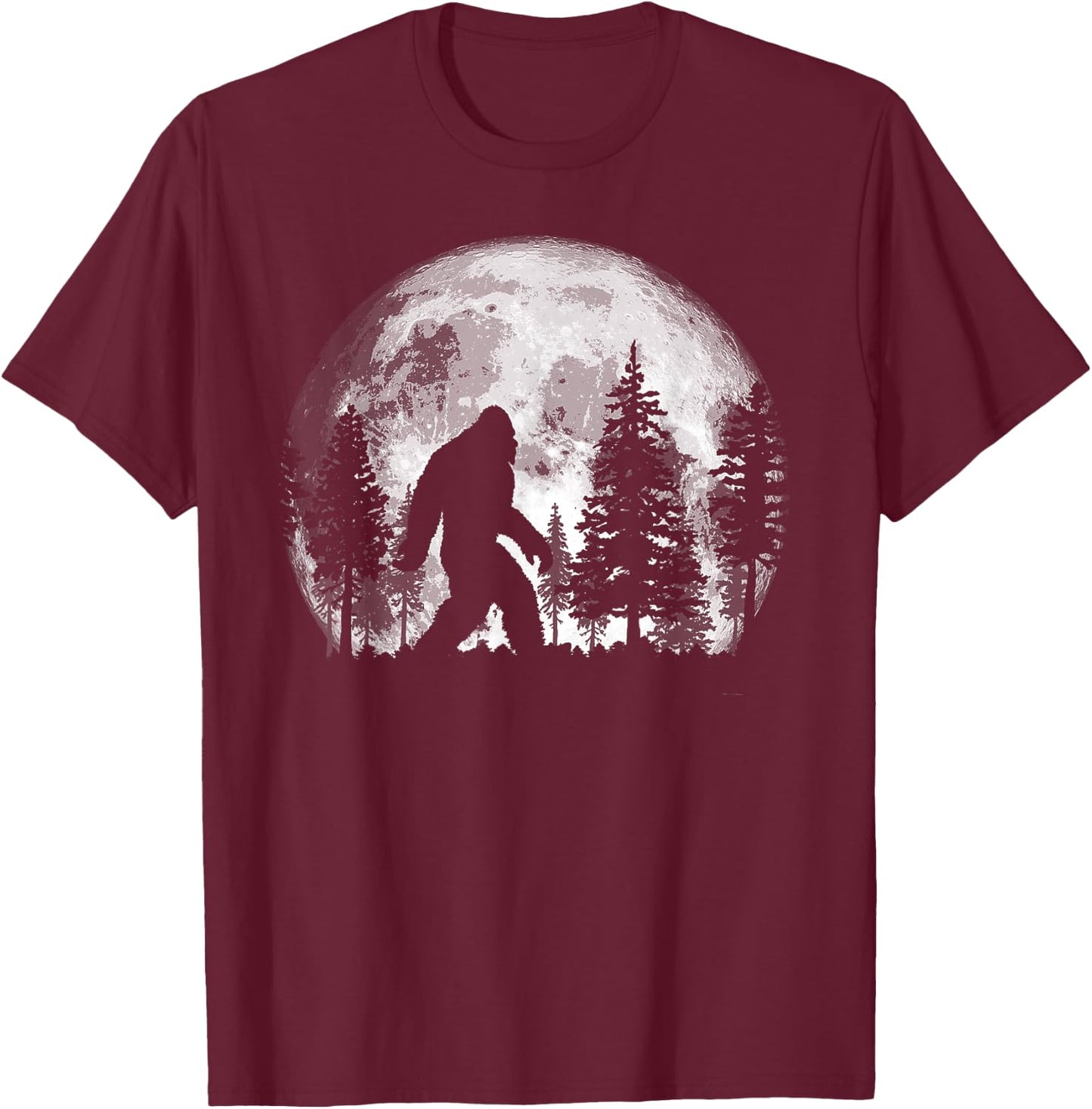 Bigfoot in The Forest Hiding at Night Full Moon Trees Nature T-Shirt - T-Shirt | Maroon