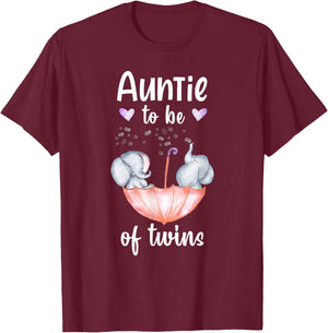 Auntie To Be Of Twins Baby Shower Elephant T-Shirt - T-Shirt | Maroon