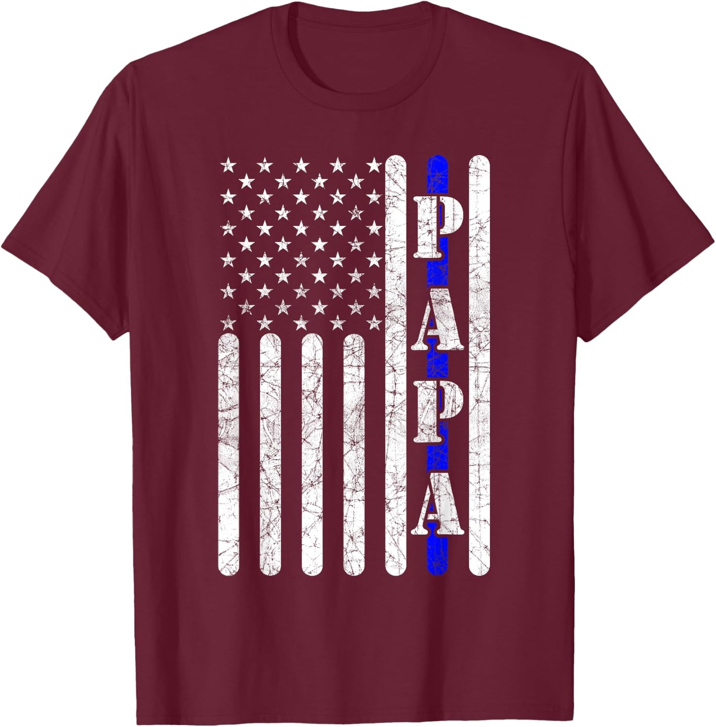 Thin Blue Line Papa Vintage Police American Flag Fathers Day T-Shirt - T-Shirt | Maroon