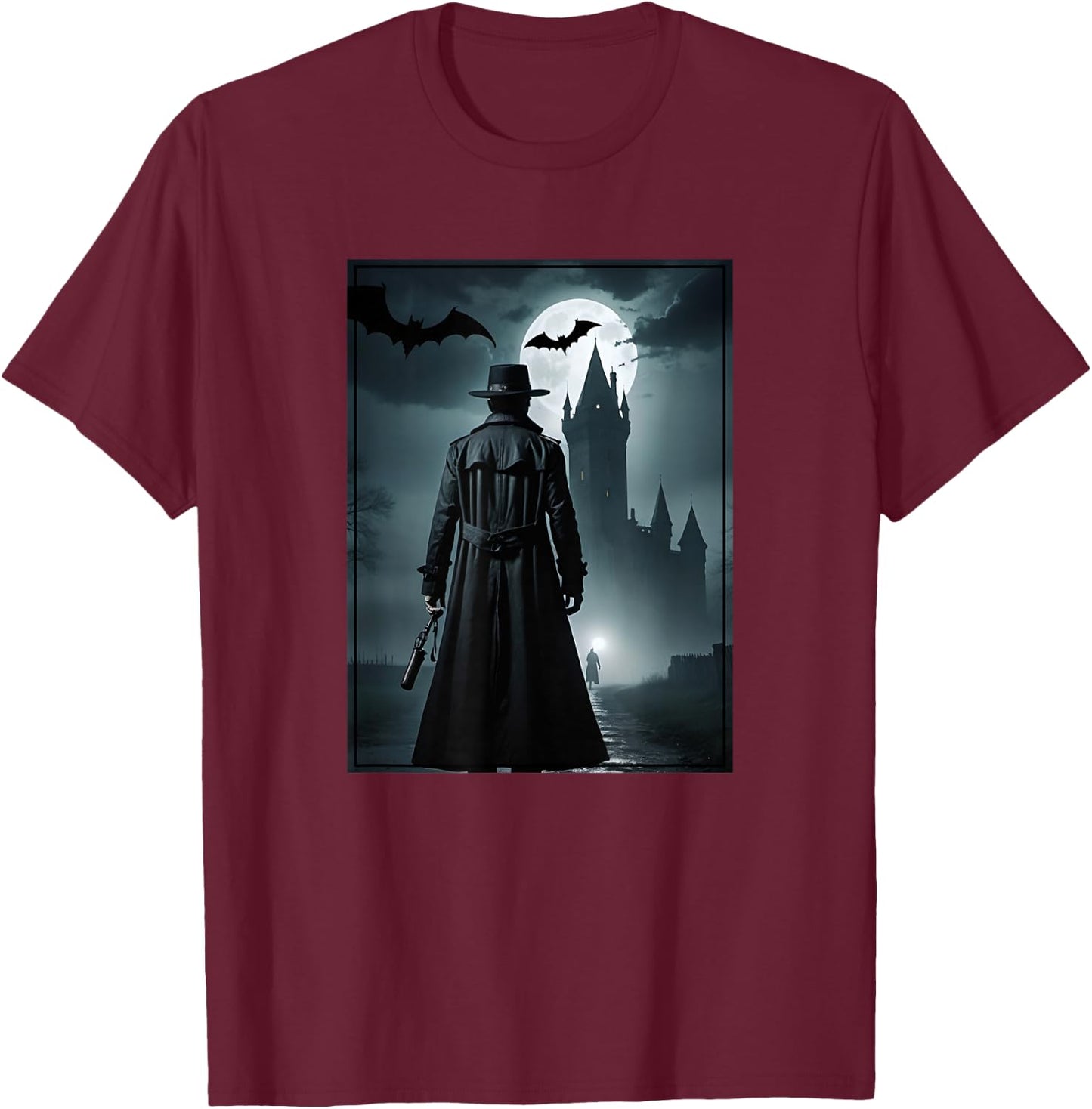 Van Helsing approaching Dracula's castle T-Shirt - T-Shirt | Maroon