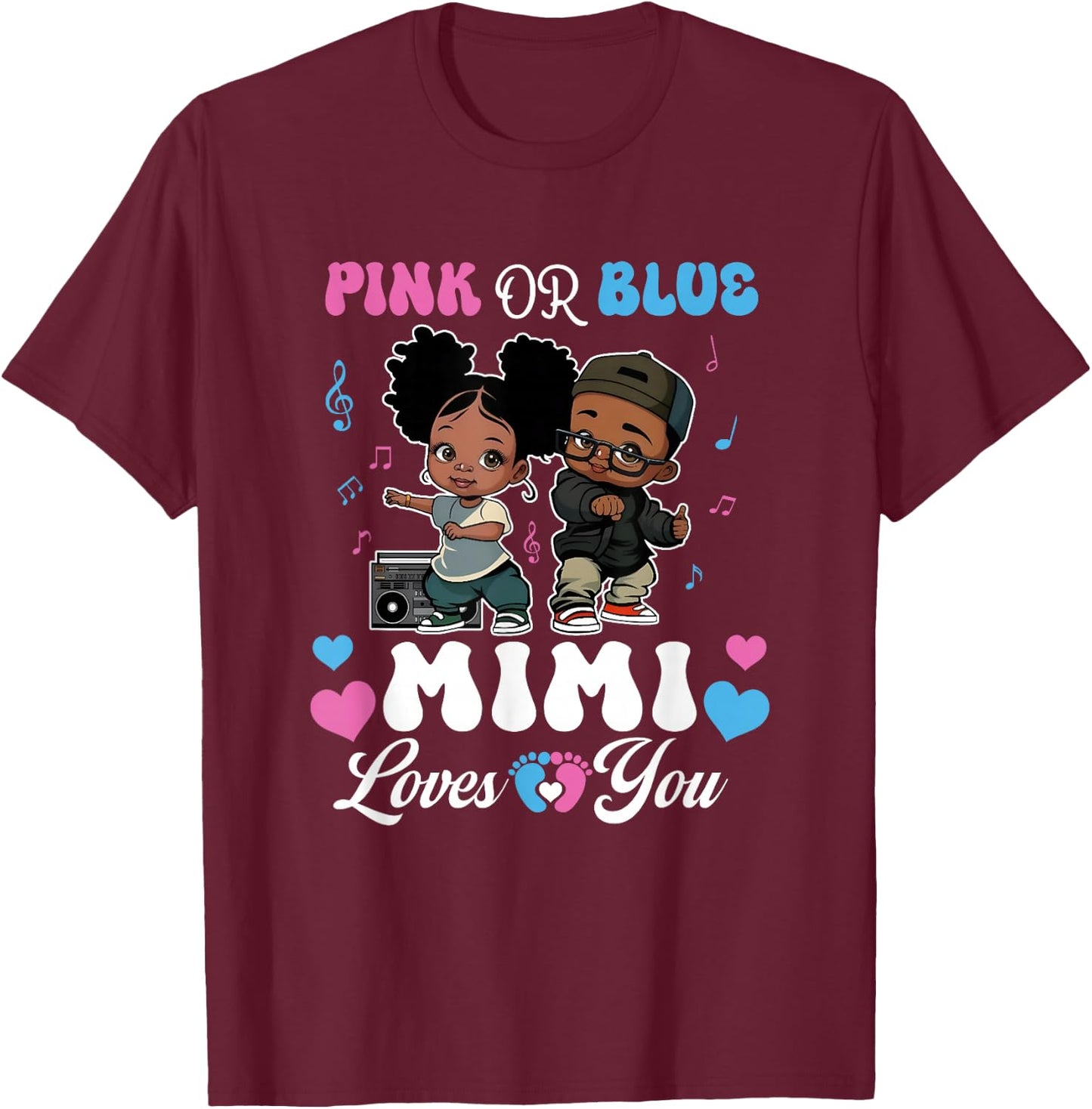 Pink Or Blue Mimi Loves You Black Baby Gender Reveal T-Shirt - T-Shirt | Maroon