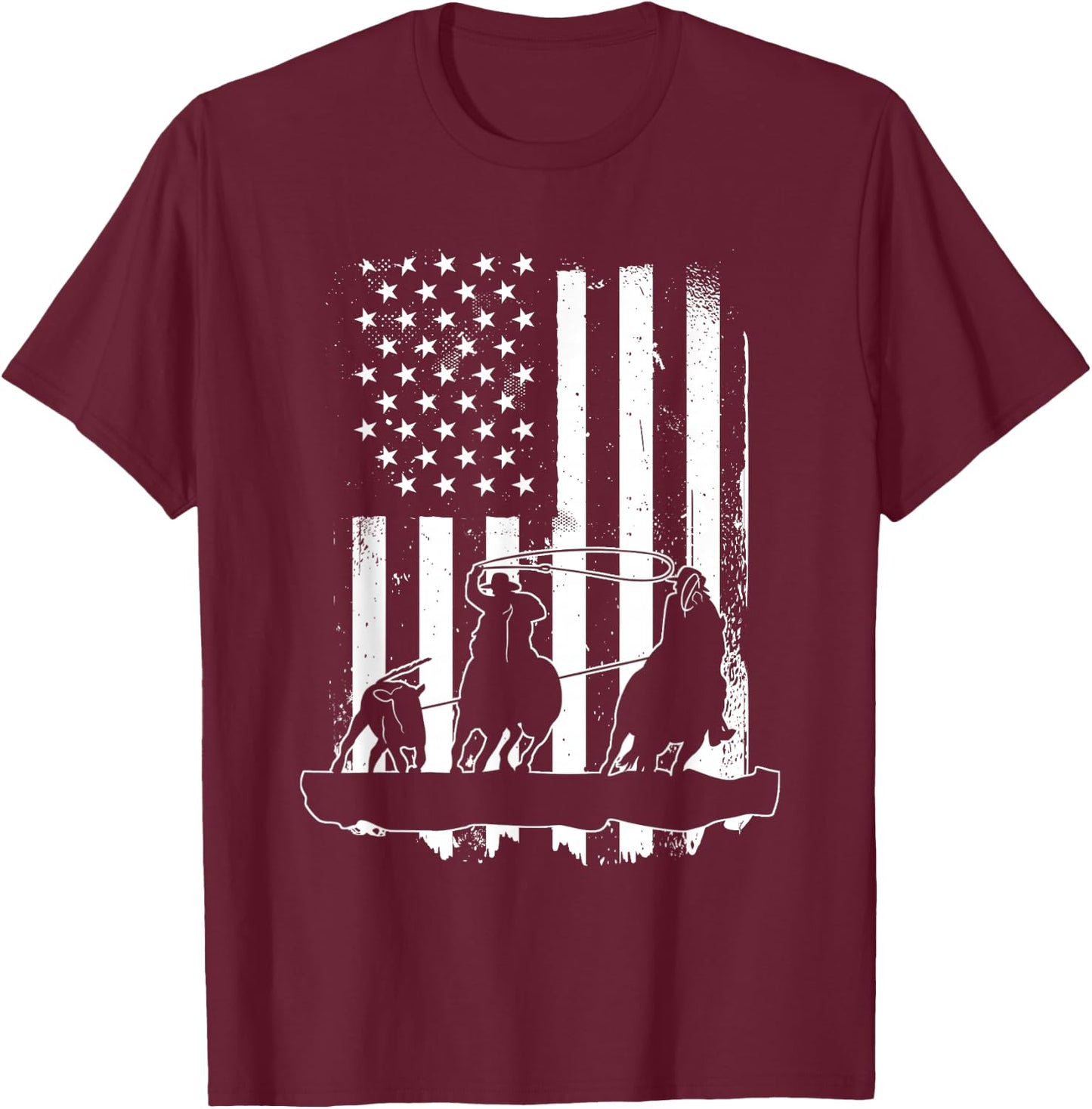 USA Flag Team Roping Design Rodeo Western Horse Country T-Shirt - T-Shirt | Maroon