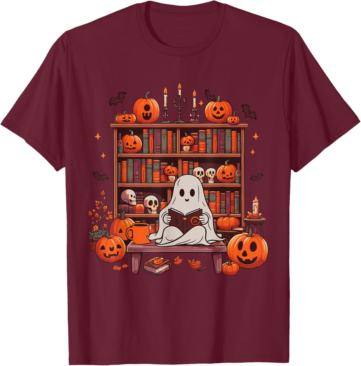 Ghost Book Reader, Reading Book lover Halloween T-Shirt - T-Shirt | Maroon
