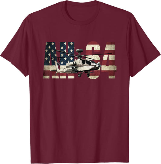 AH-64 AH64 Apache Helicopter US American Flag T-Shirt - T-Shirt | Maroon