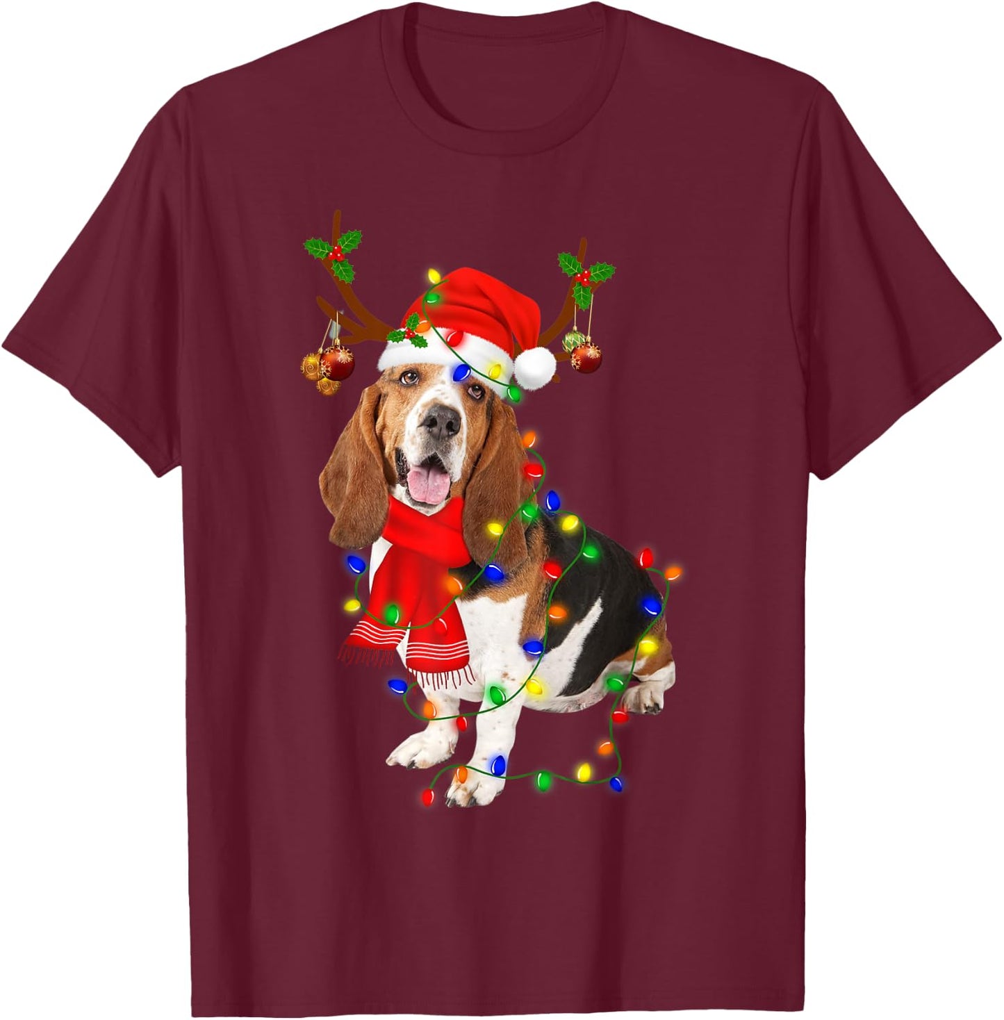 Basset Hound Christmas Light Merry Christmas Winter Gift T-Shirt - T-Shirt | Maroon