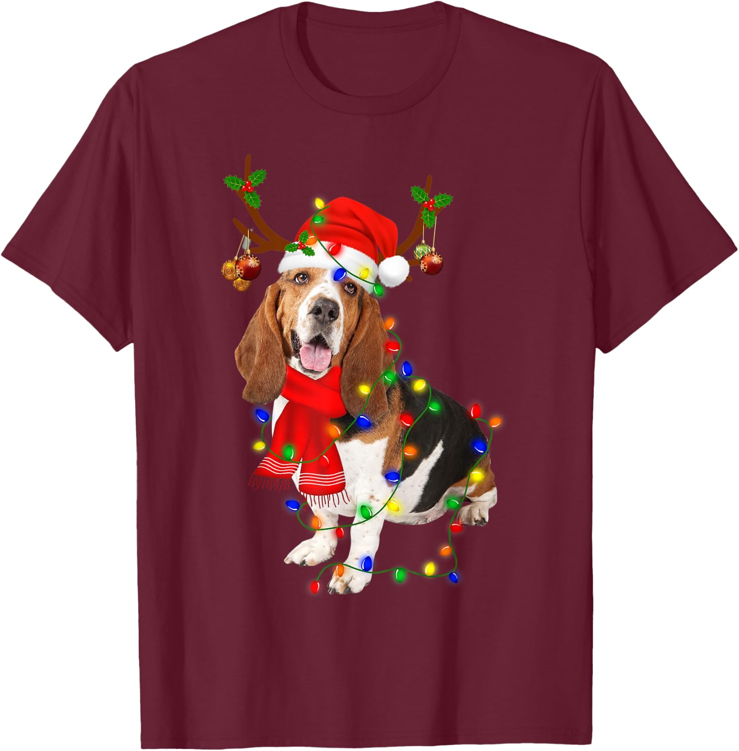 Basset Hound Christmas Light Merry Christmas Winter Gift T-Shirt - T-Shirt | Maroon