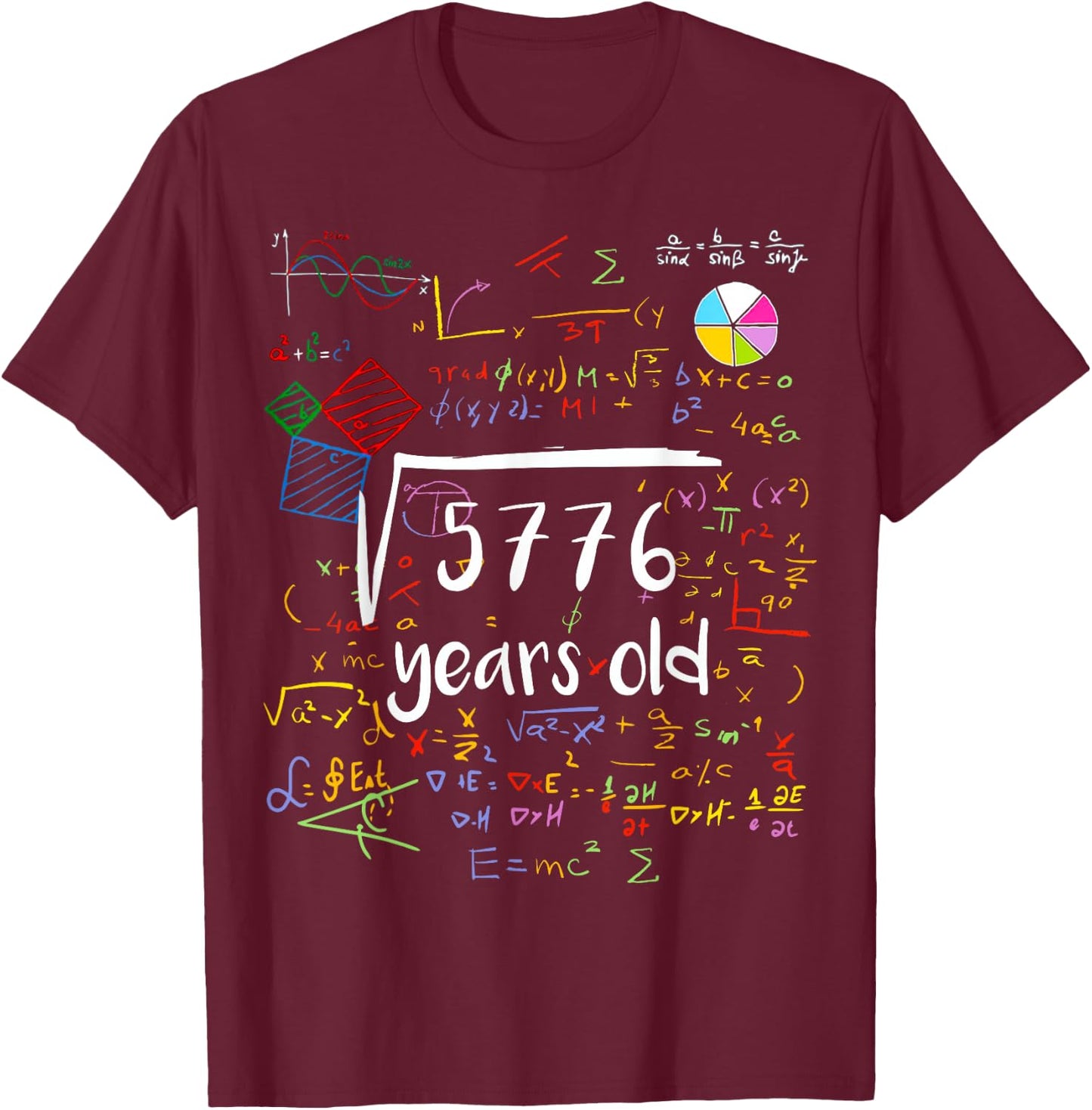 Square Root Of 5776 76th Birthday 76 Years Old Math B-day T-Shirt - T-Shirt | Maroon
