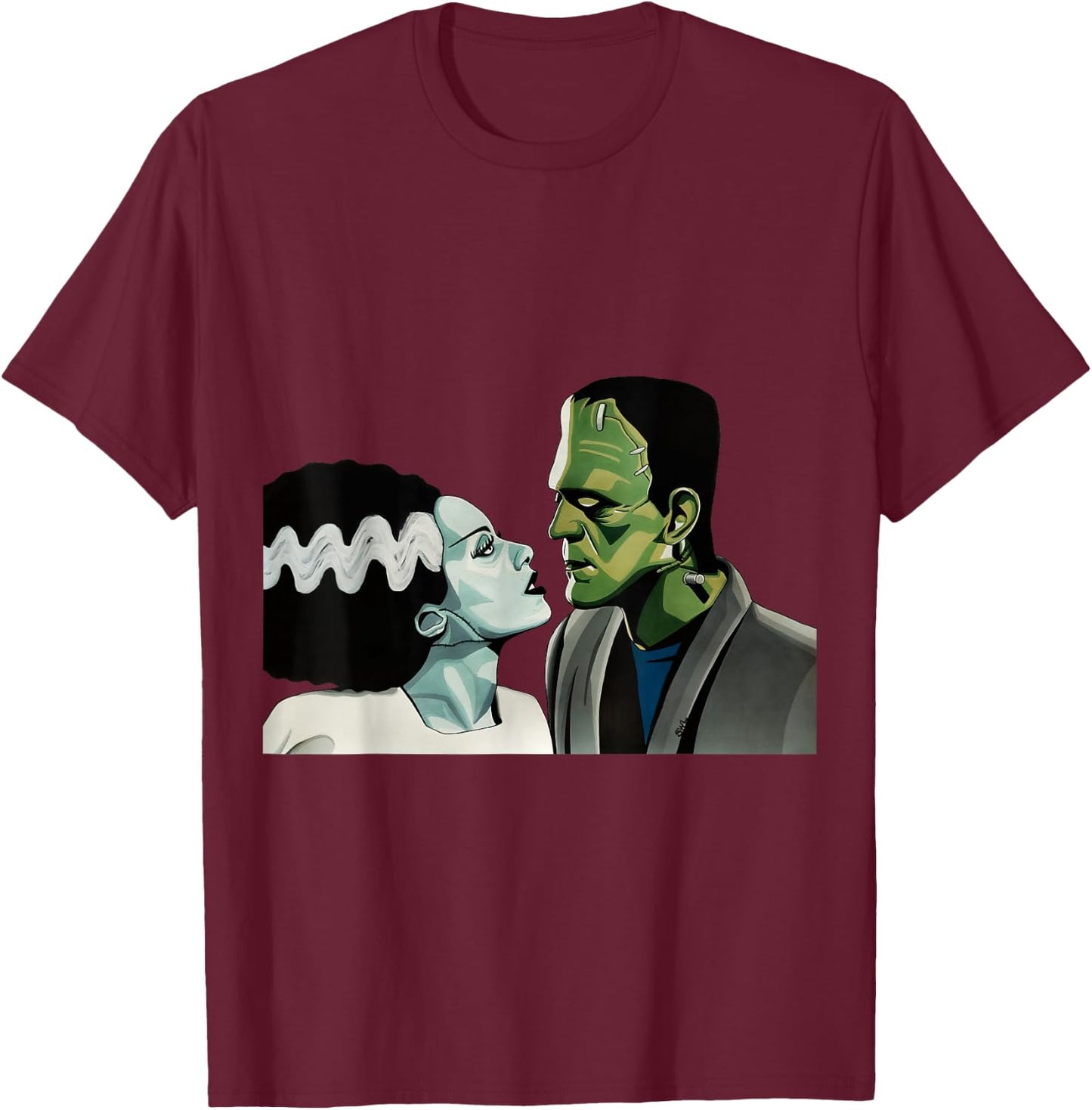 Frankenstein Monster & Bride Halloween Romantic Kiss Scene T-Shirt - T-Shirt | Maroon
