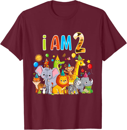 2 Year Old Zoo Animal Birthday Safari Jungle Animal 1th Kids T-Shirt - T-Shirt | Maroon