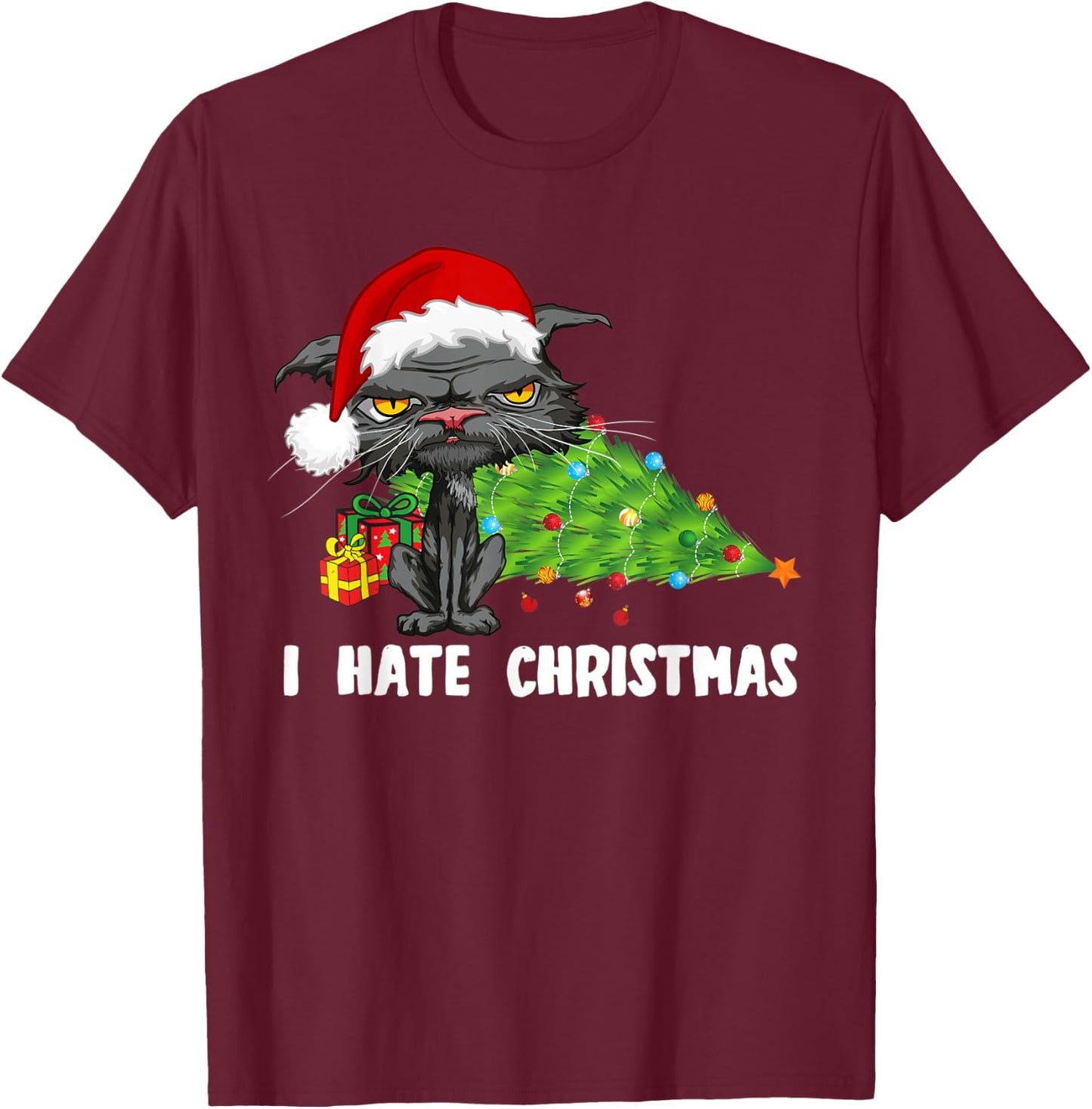 Anti Christmas I Hate Christmas Tree Bored Cat Santa Hat Women Kids T-Shirt - T-Shirt | Maroon
