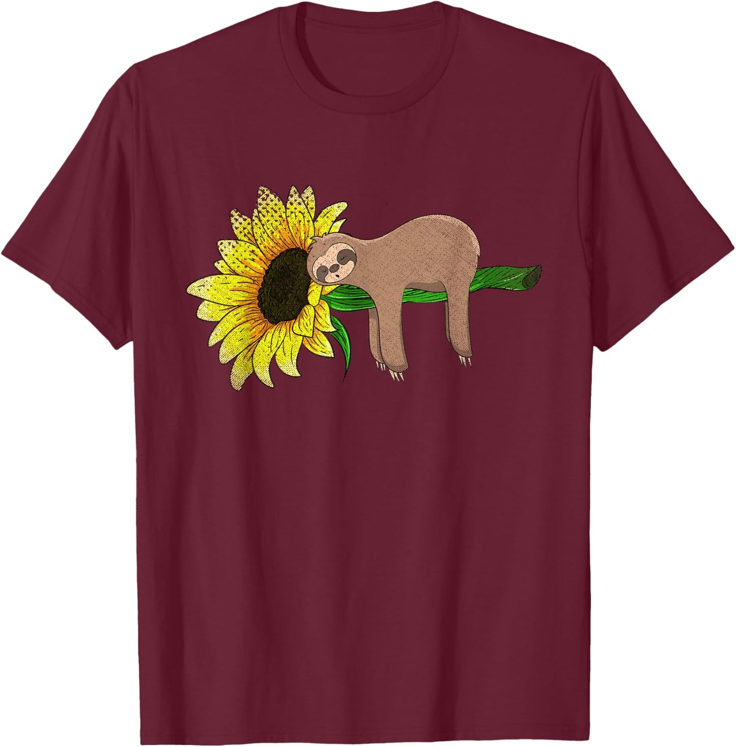 Yellow Flower Sunflower Sleepy Animal Lover Wildlife Sloth T-Shirt - T-Shirt | Maroon