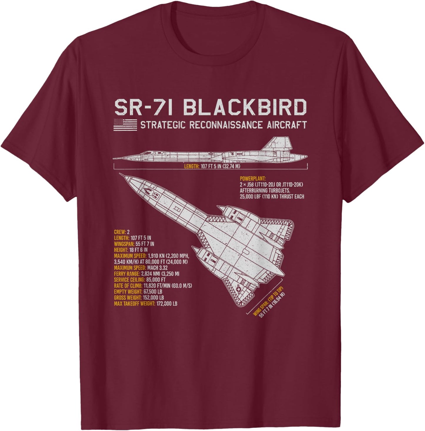 SR-71 Blackbird Aircraft Spy Plane Blueprint Data T-Shirt - T-Shirt | Maroon