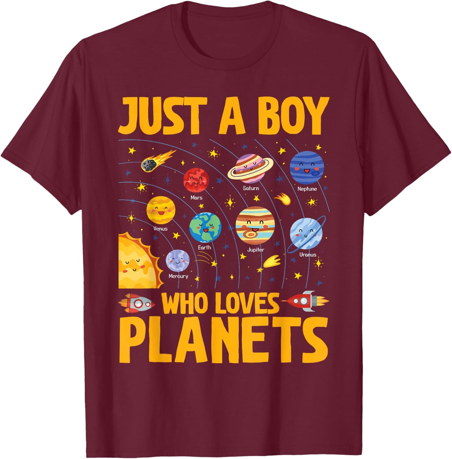 Just A Boy Who Loves Planets Solar System Kids Space Science T-Shirt - T-Shirt | Maroon