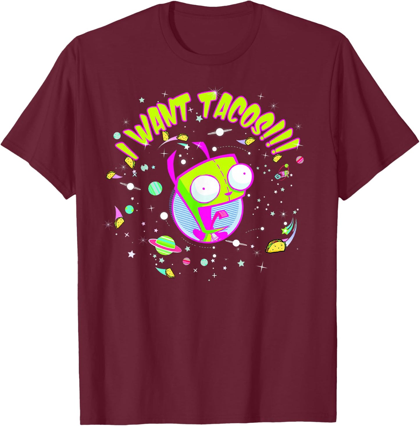 Invader Zim Gir I Want Tacos Space T-Shirt - T-Shirt | Maroon