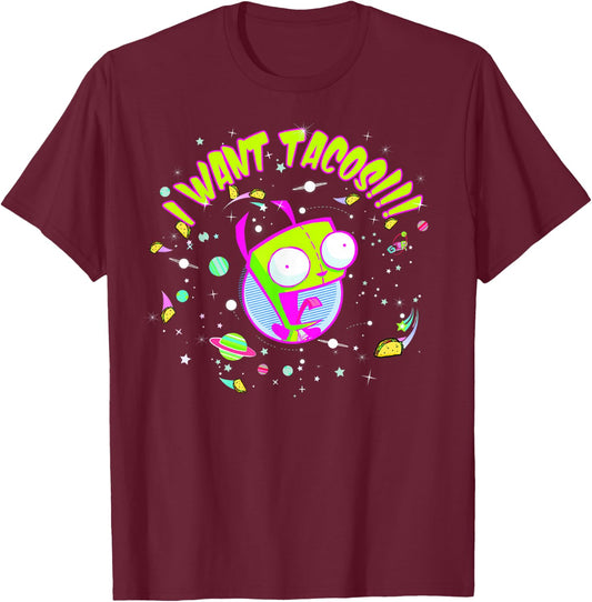 Invader Zim Gir I Want Tacos Space T-Shirt - T-Shirt | Maroon