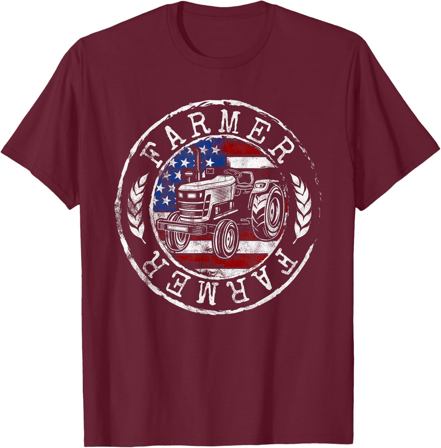 Farmer American Flag Farming Gift Usa Patriotic Stamp Style Women Kids Men T-Shirt - T-Shirt | Maroon