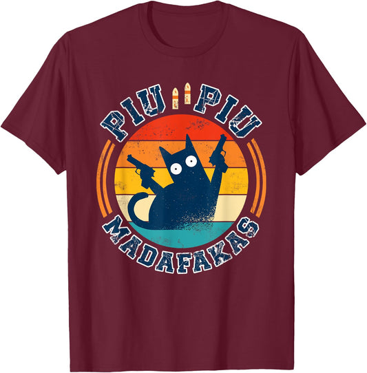 Piu Piu Pew Madafakas Novelty Funny Cat Vintage T-Shirt - T-Shirt | Maroon