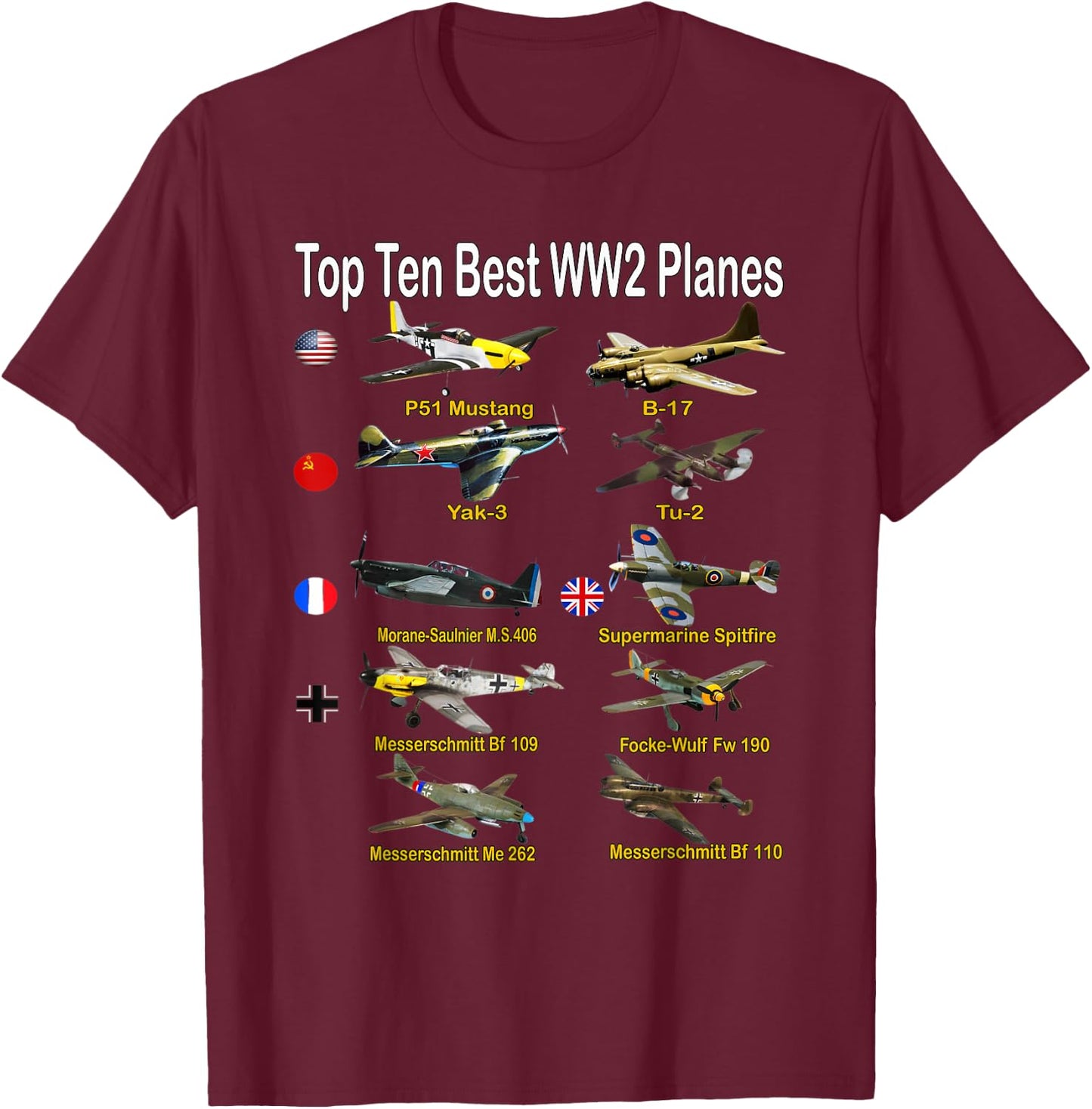 Ten Best WW2 Military Aircraft Fighters & Bombers Model T-Shirt - T-Shirt | Maroon