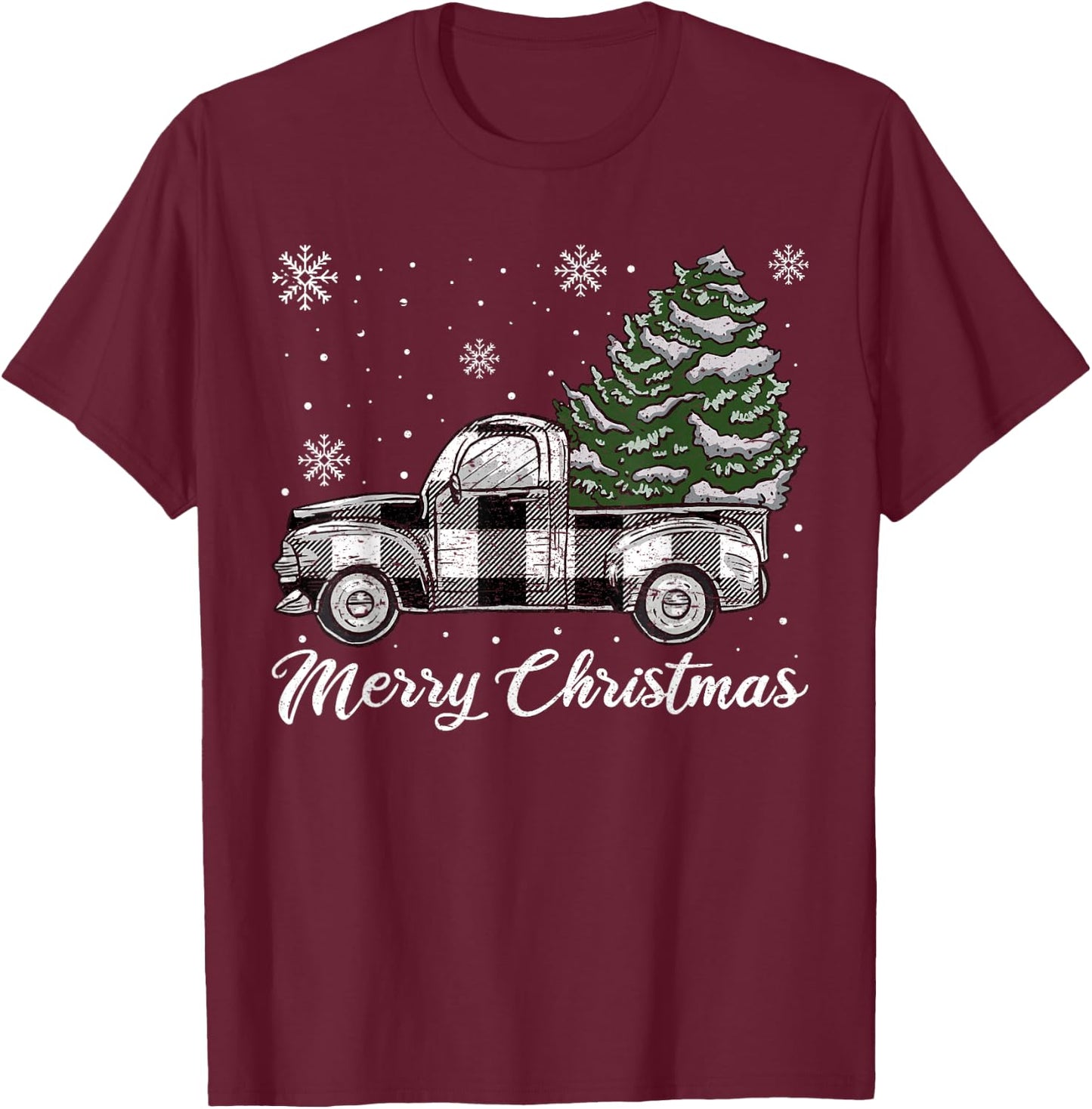 Merry Christmas Tree White Truck Pajama, Plaid Truck Tree T-Shirt - T-Shirt | Maroon